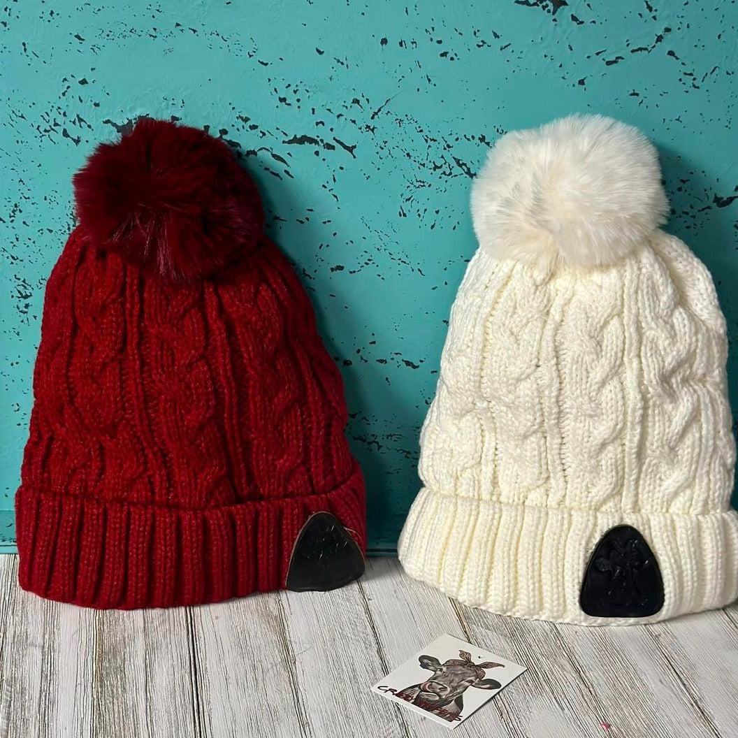 Solid Pom Beanies W/ Leather Patch