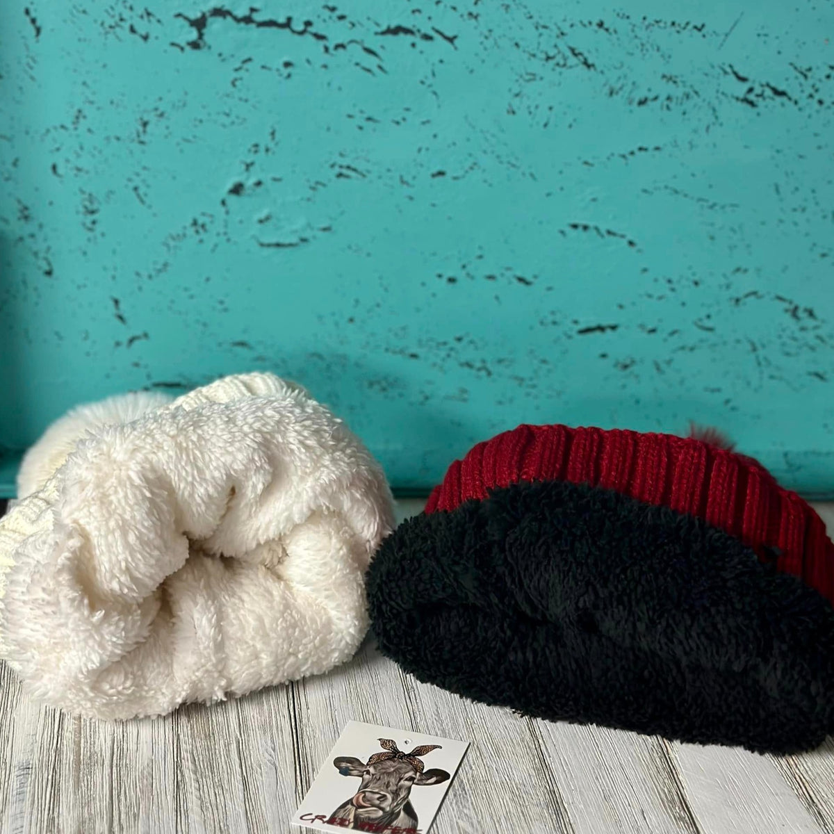 Solid Pom Beanies W/ Leather Patch