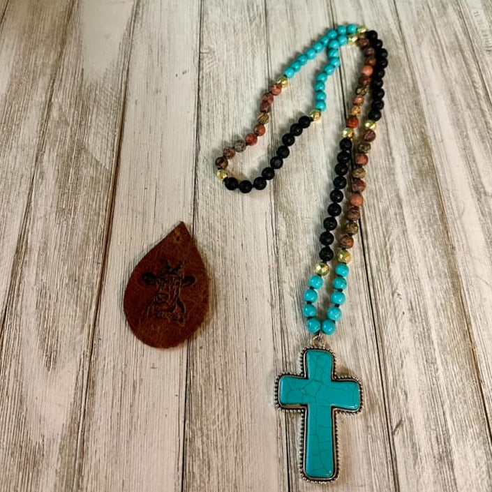 Cross Stone Necklace Multi Beads