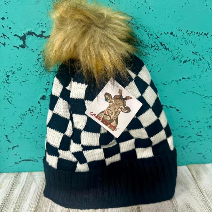 Checkered Fur Pom Beanies