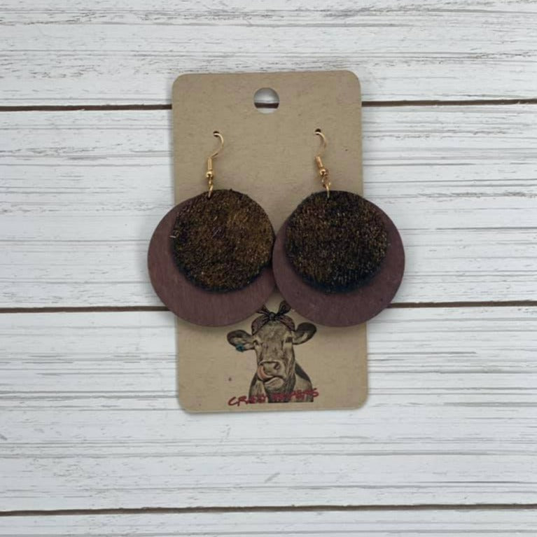 Circle Style Cowhide/ Wood Earrings