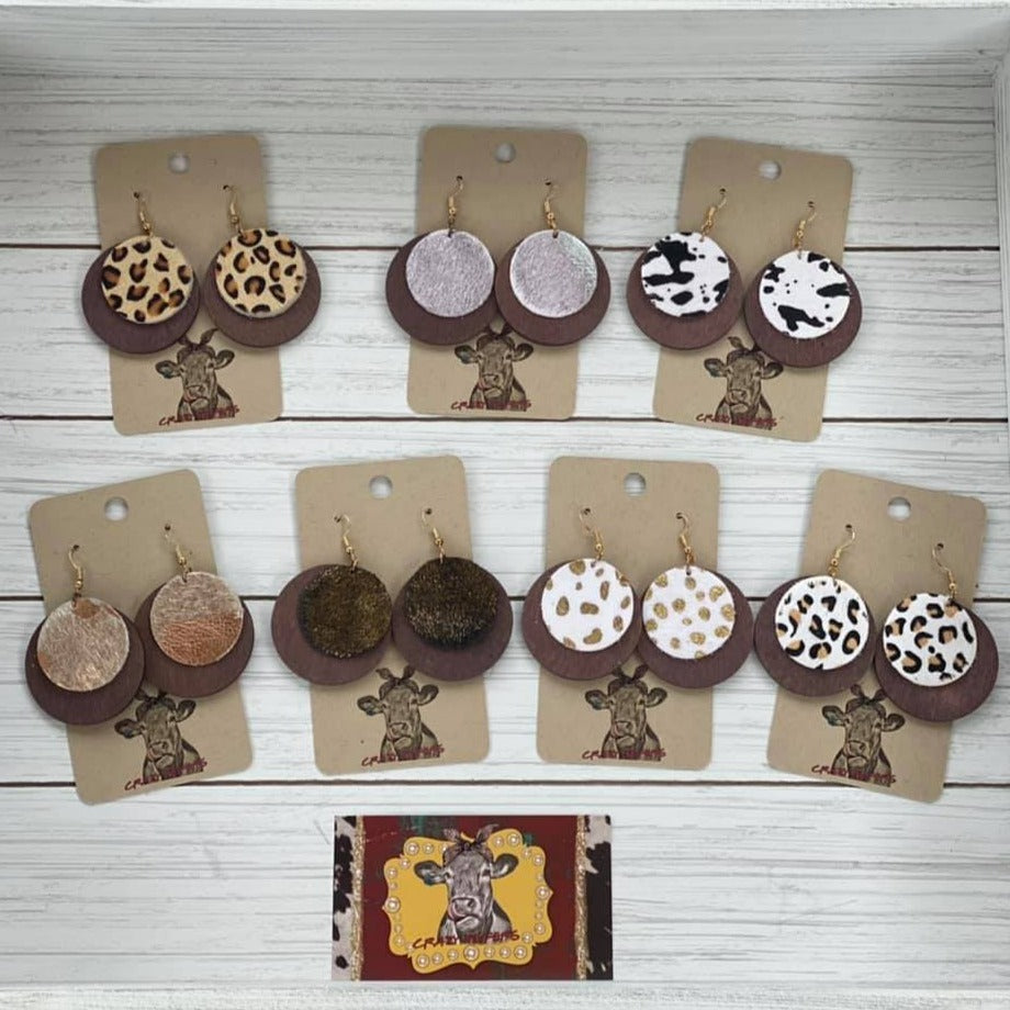 Circle Style Cowhide/ Wood Earrings