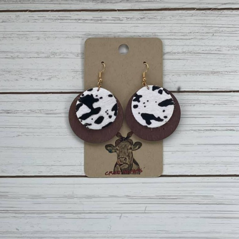 Circle Style Cowhide/ Wood Earrings