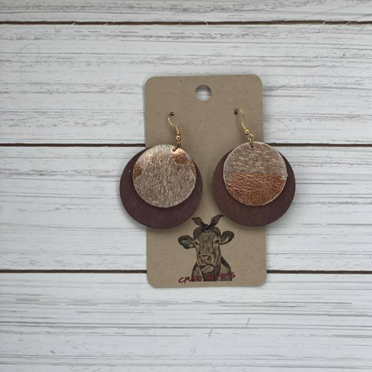 Circle Style Cowhide/ Wood Earrings