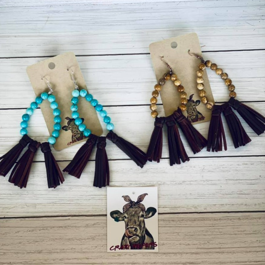 Beaded/ Leather Tassel Dangle Earrings