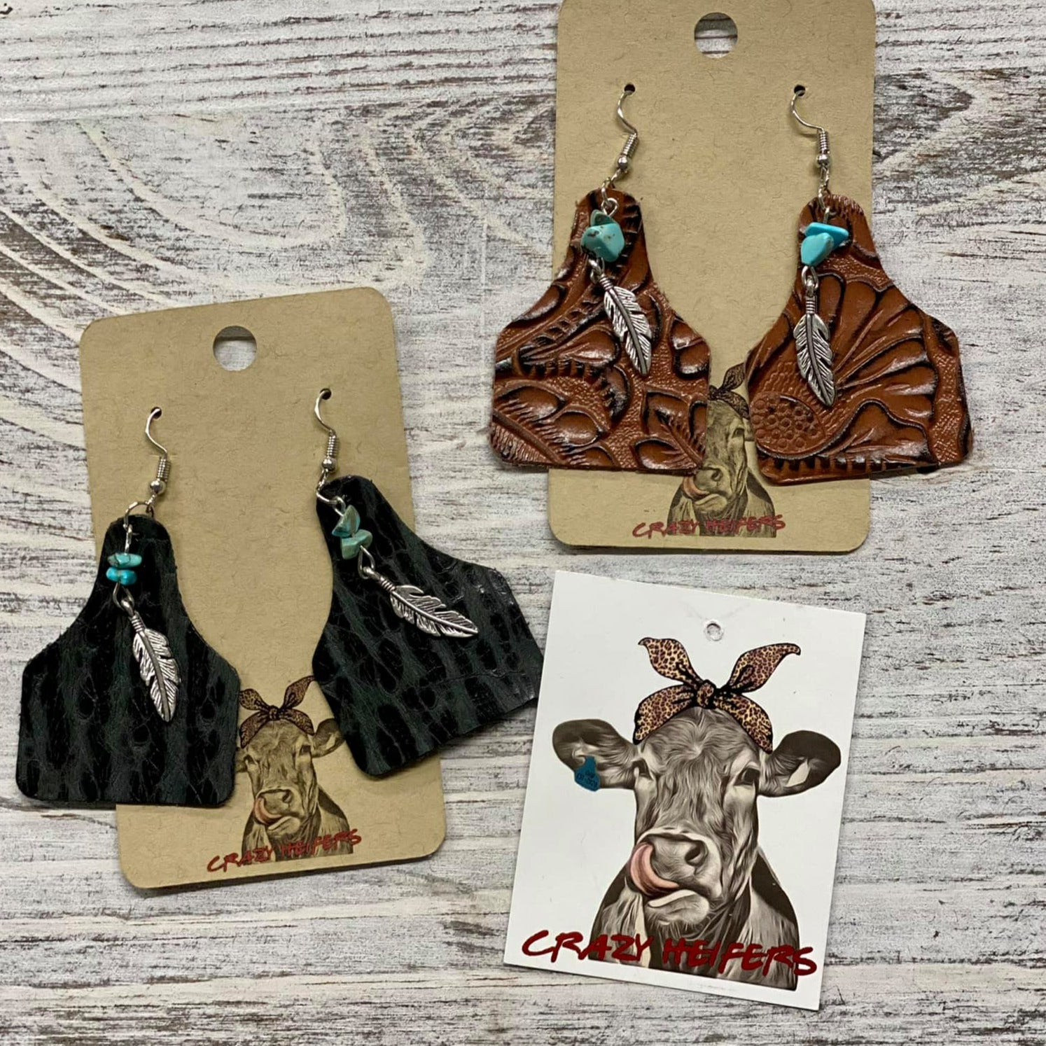 Leather Cow Tag Earrings