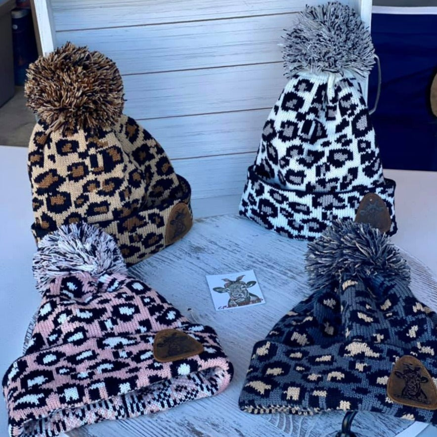 Leopard Pom Beanies W/ Leather Patch