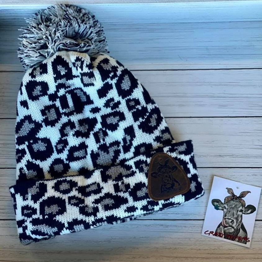 Leopard Pom Beanies W/ Leather Patch