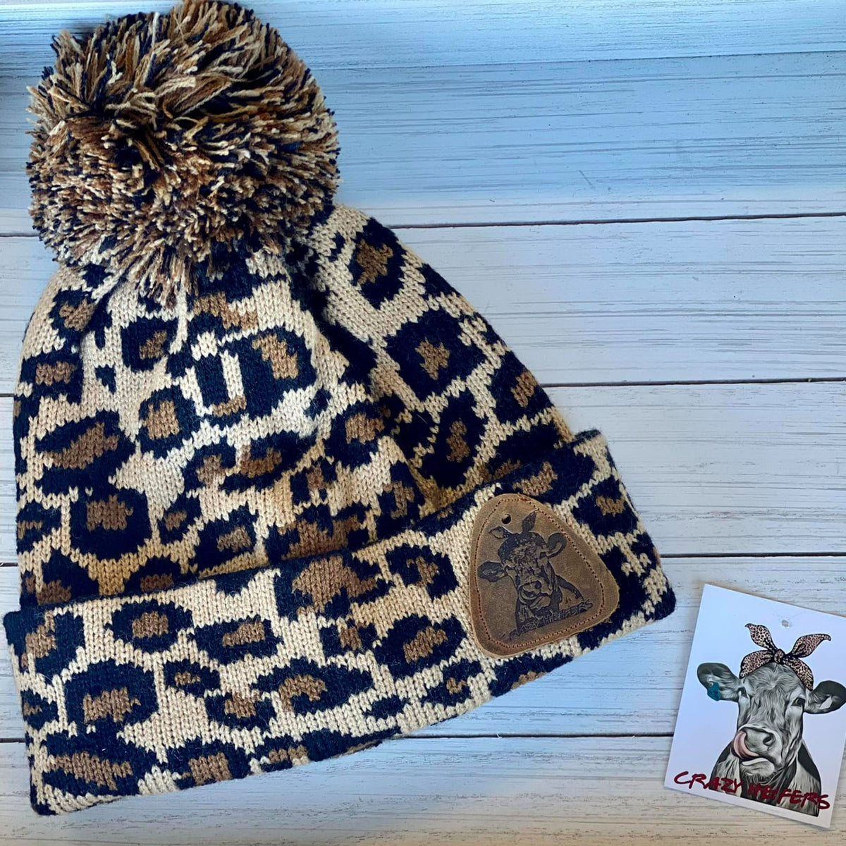 Leopard Pom Beanies W/ Leather Patch