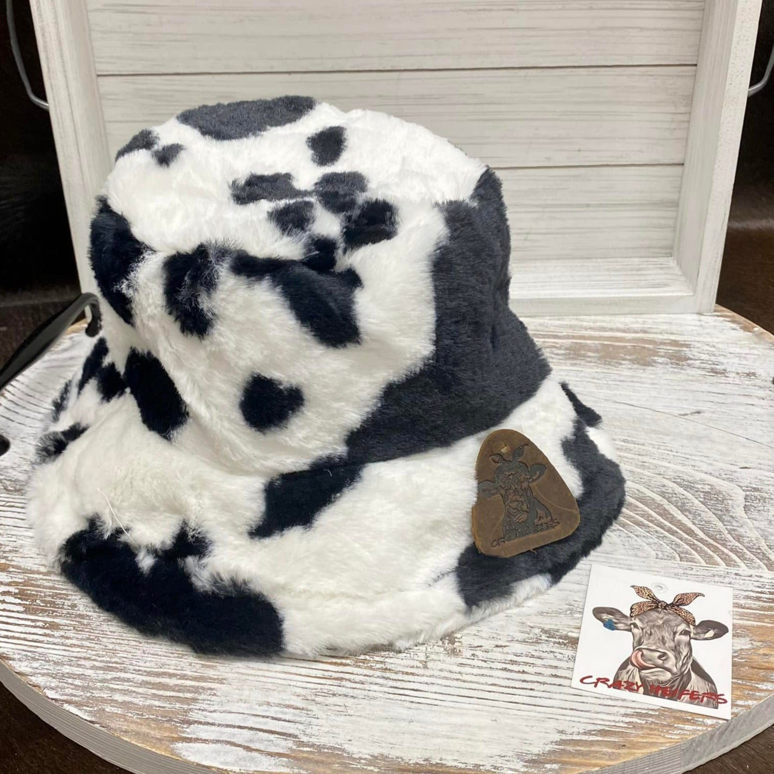 Cow Print Bucket Hats W/ Leather Patch