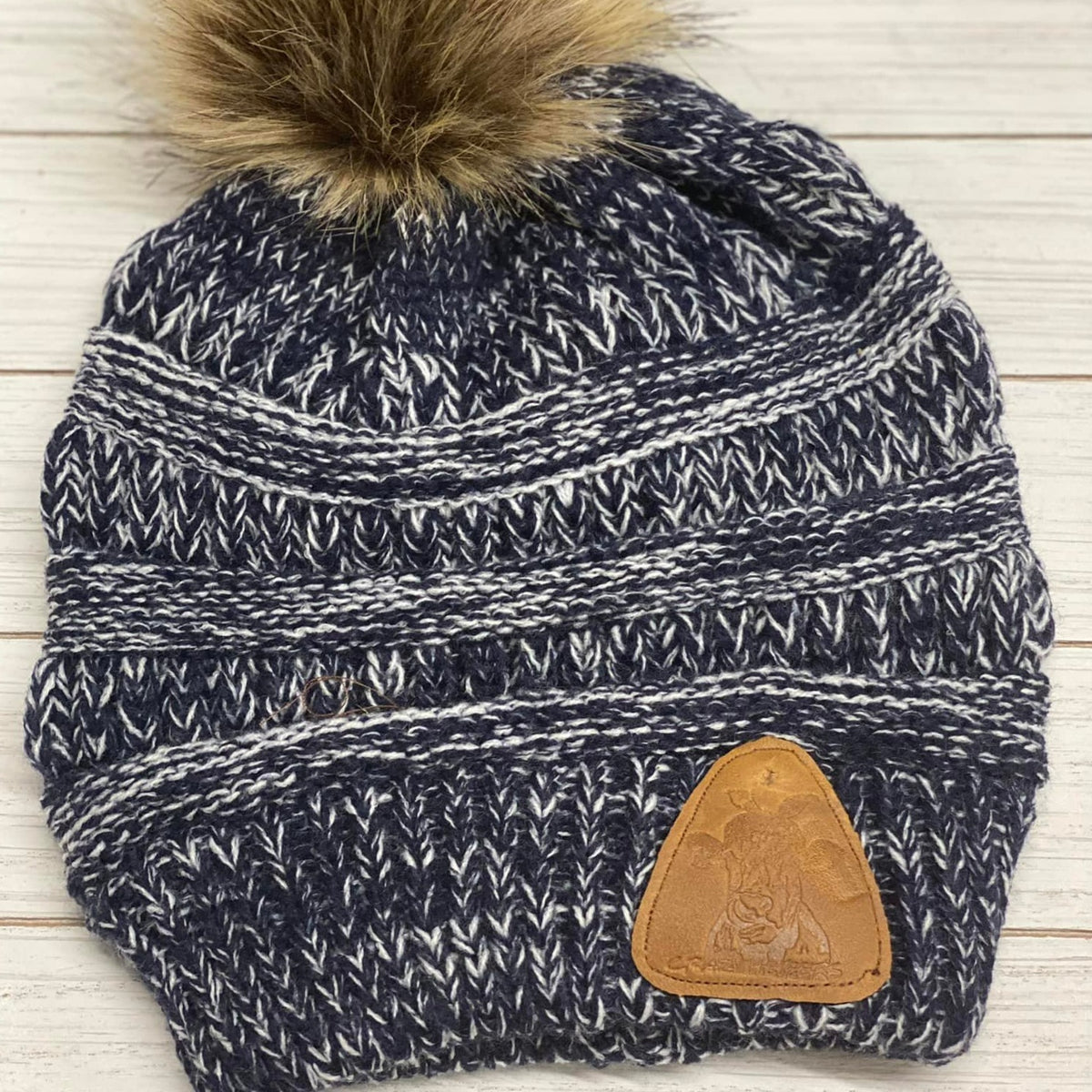 Fur Pom Beanies W/ Leather Patch