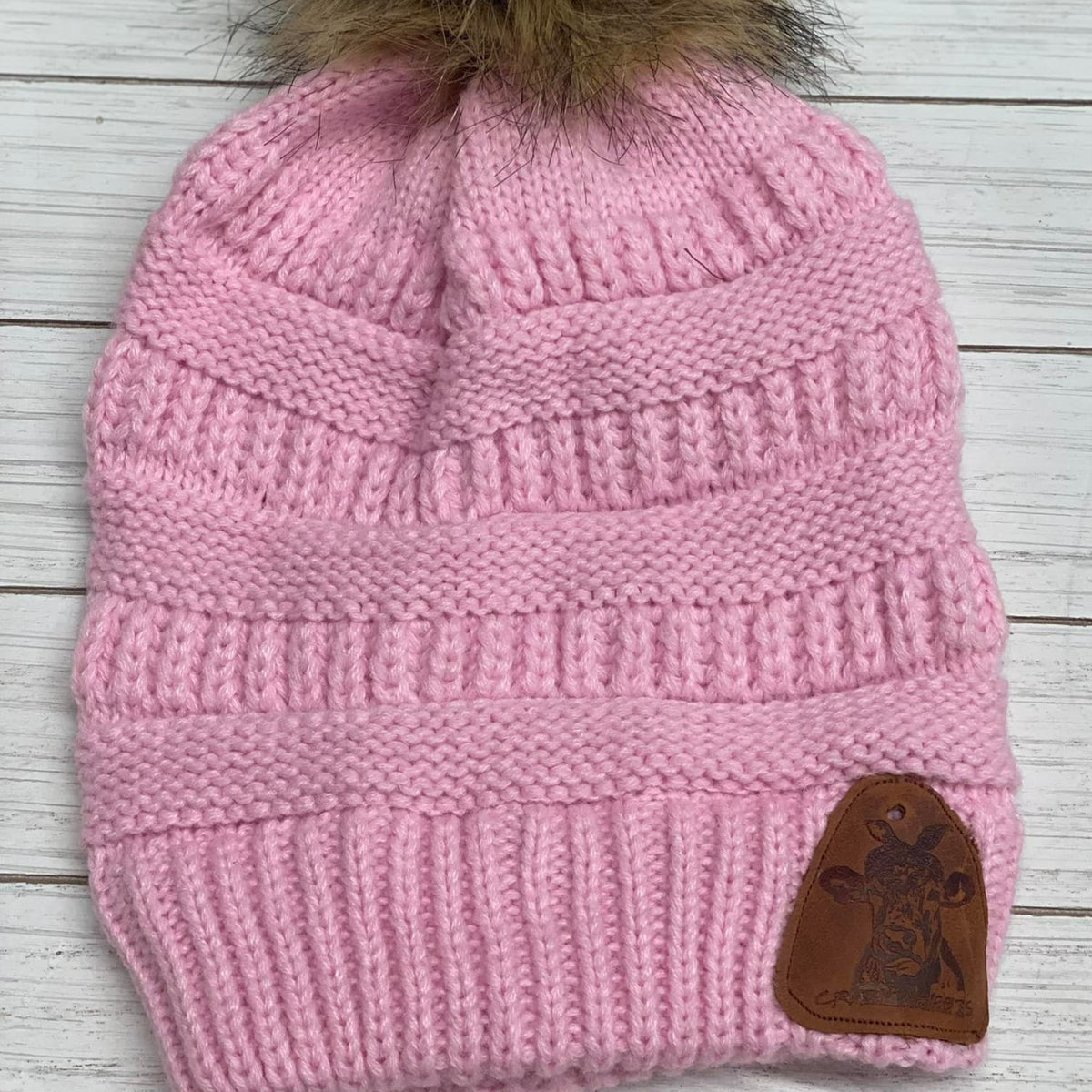 Fur Pom Beanies W/ Leather Patch