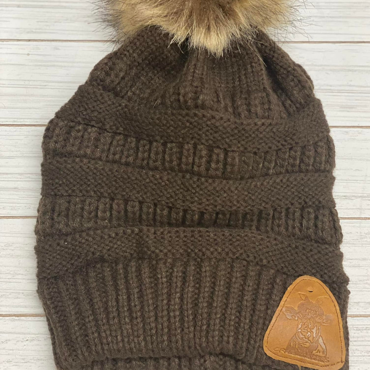 Fur Pom Beanies W/ Leather Patch
