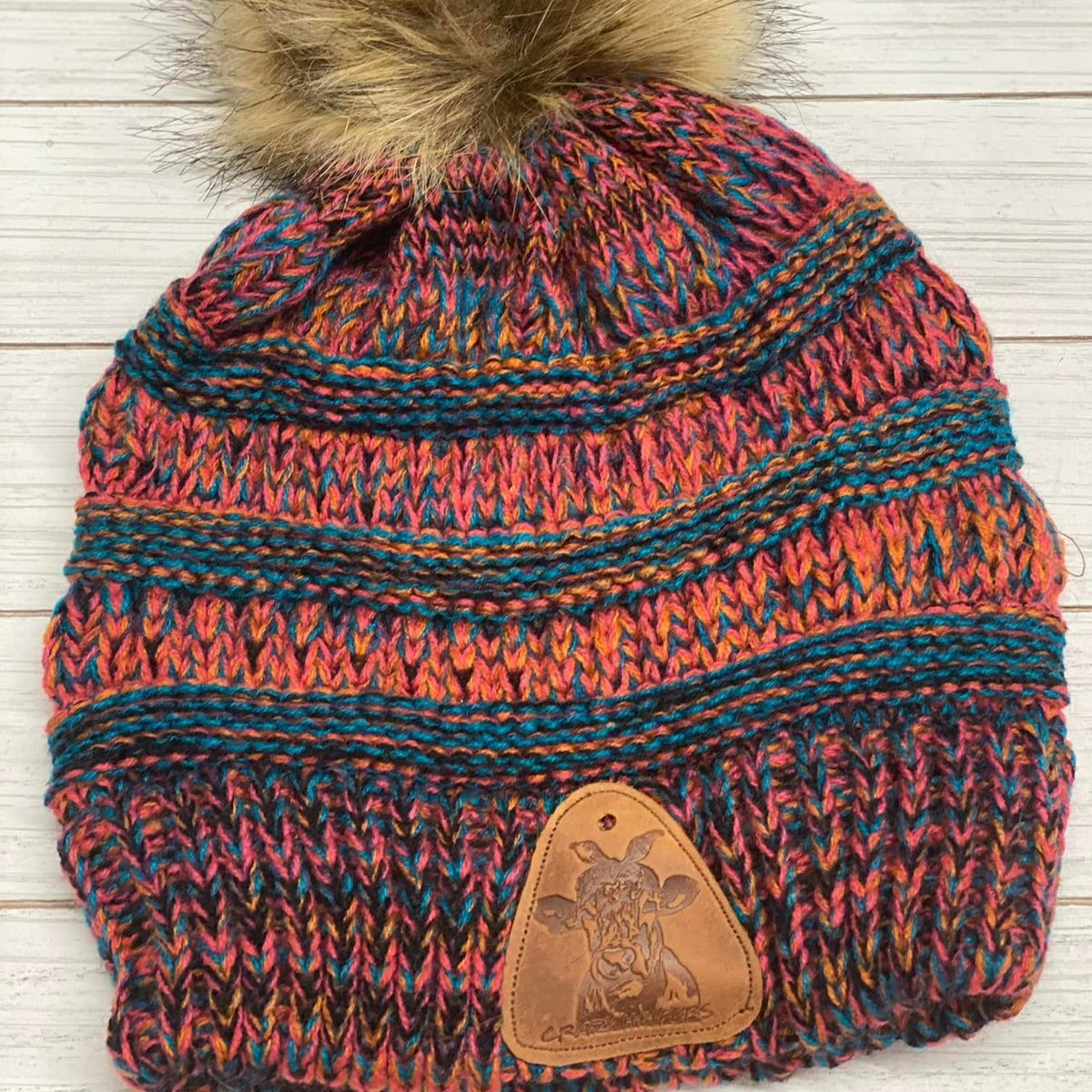 Fur Pom Beanies W/ Leather Patch