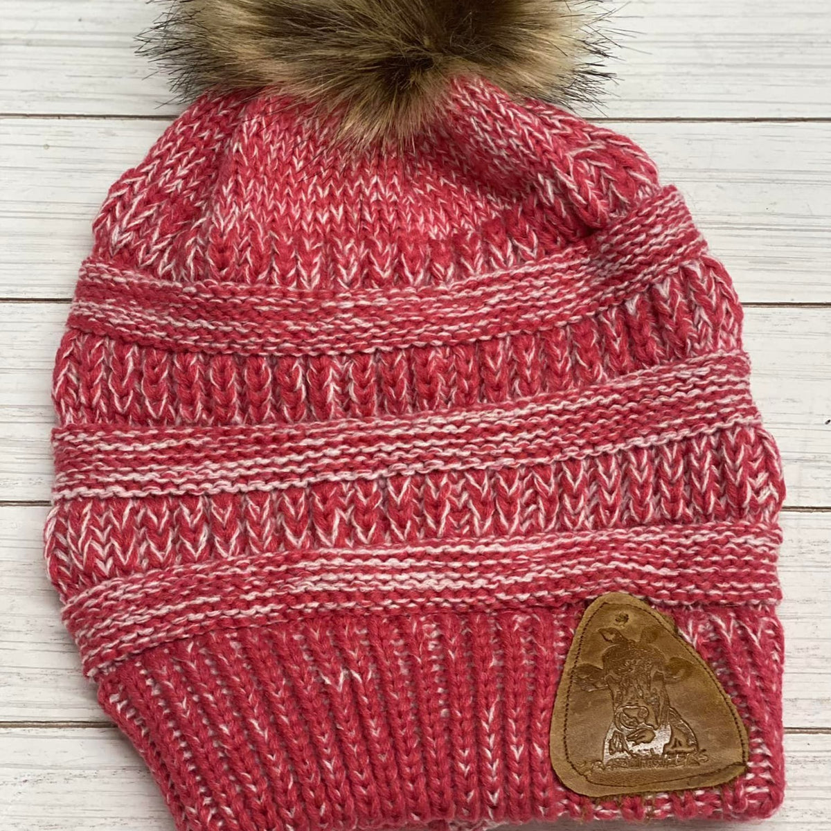 Fur Pom Beanies W/ Leather Patch