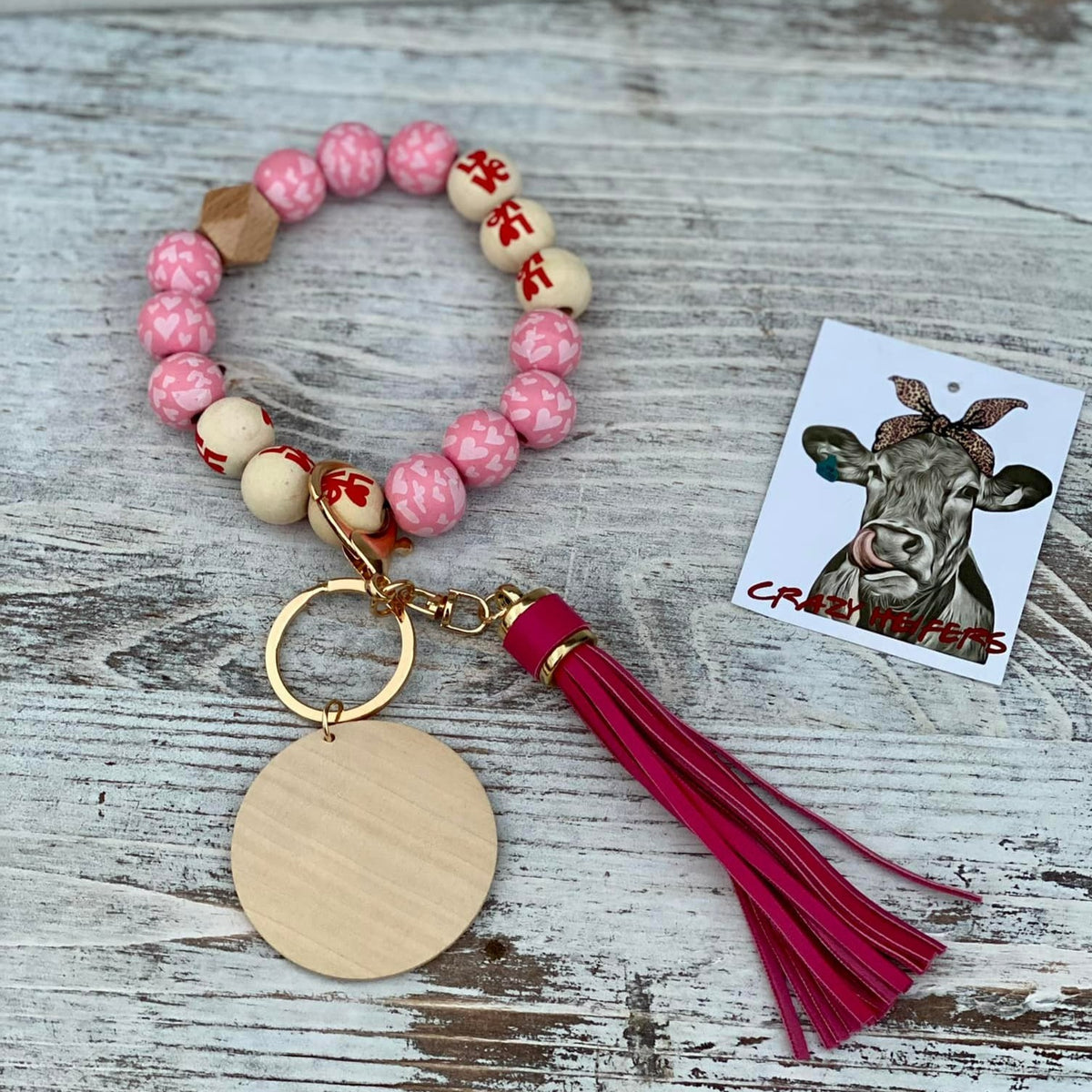 Valentine Wood Beaded Bangle Keychains