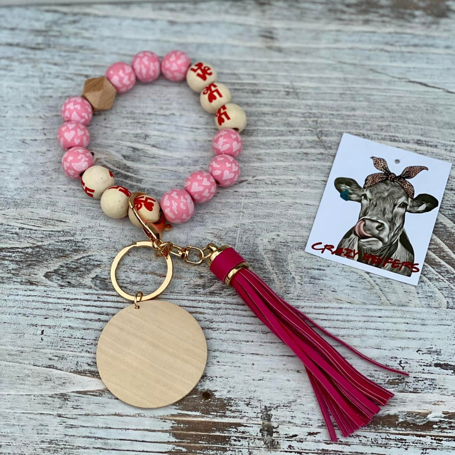 Valentine Wood Beaded Bangle Keychains