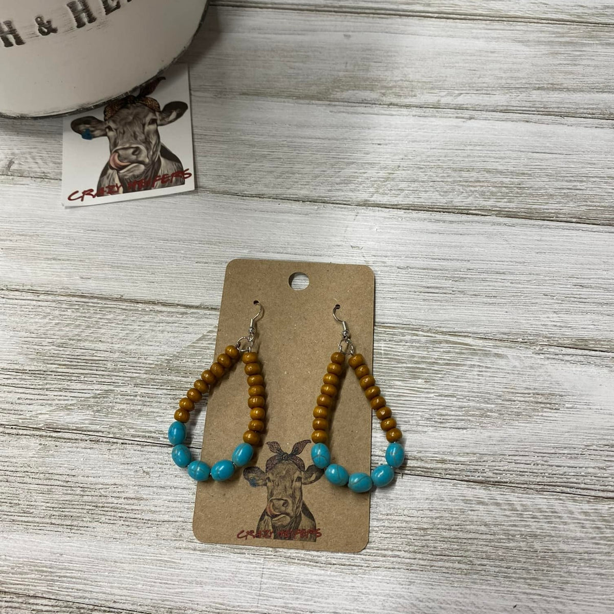 Wood Bead/ Stone Dangle Earrings