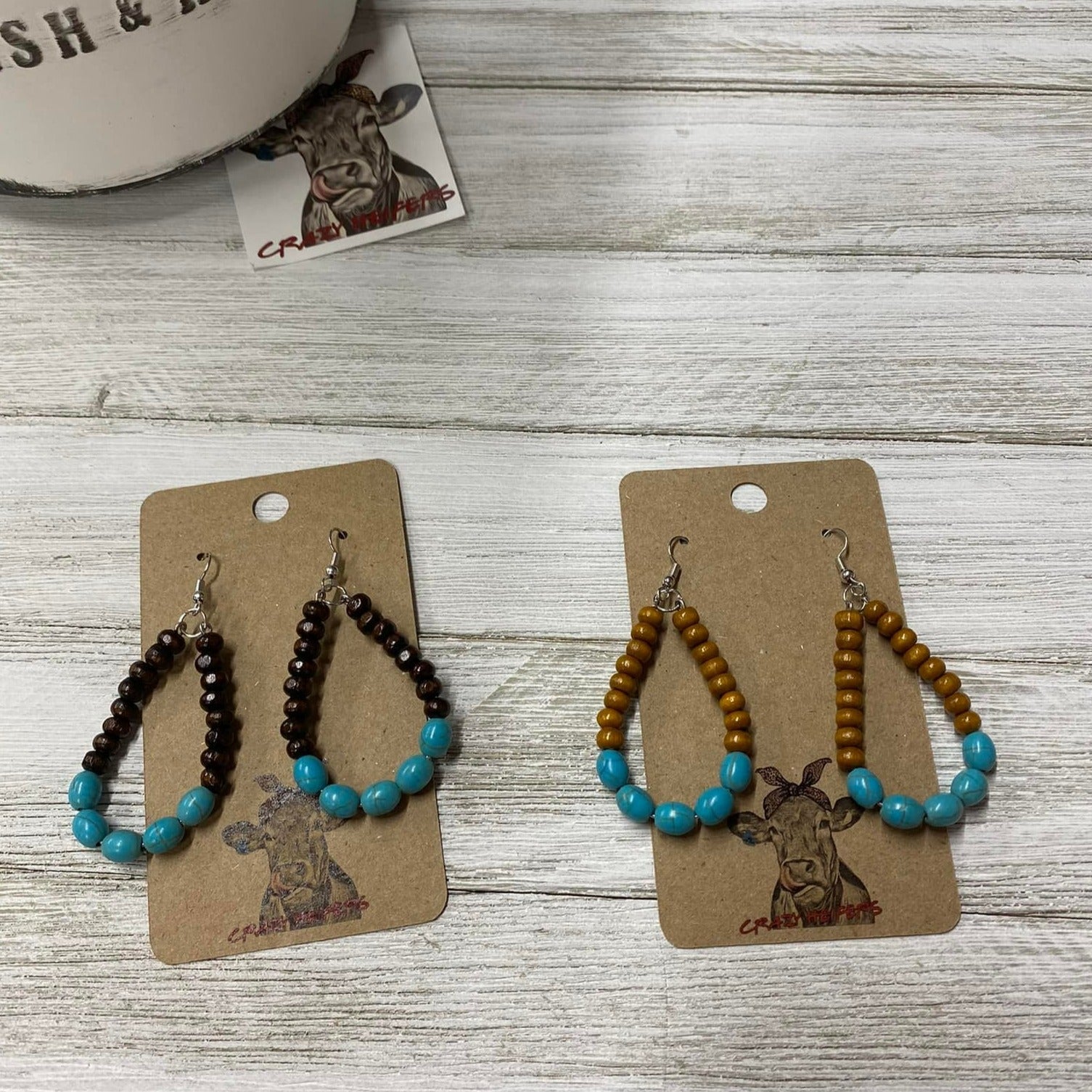 Wood Bead/ Stone Dangle Earrings