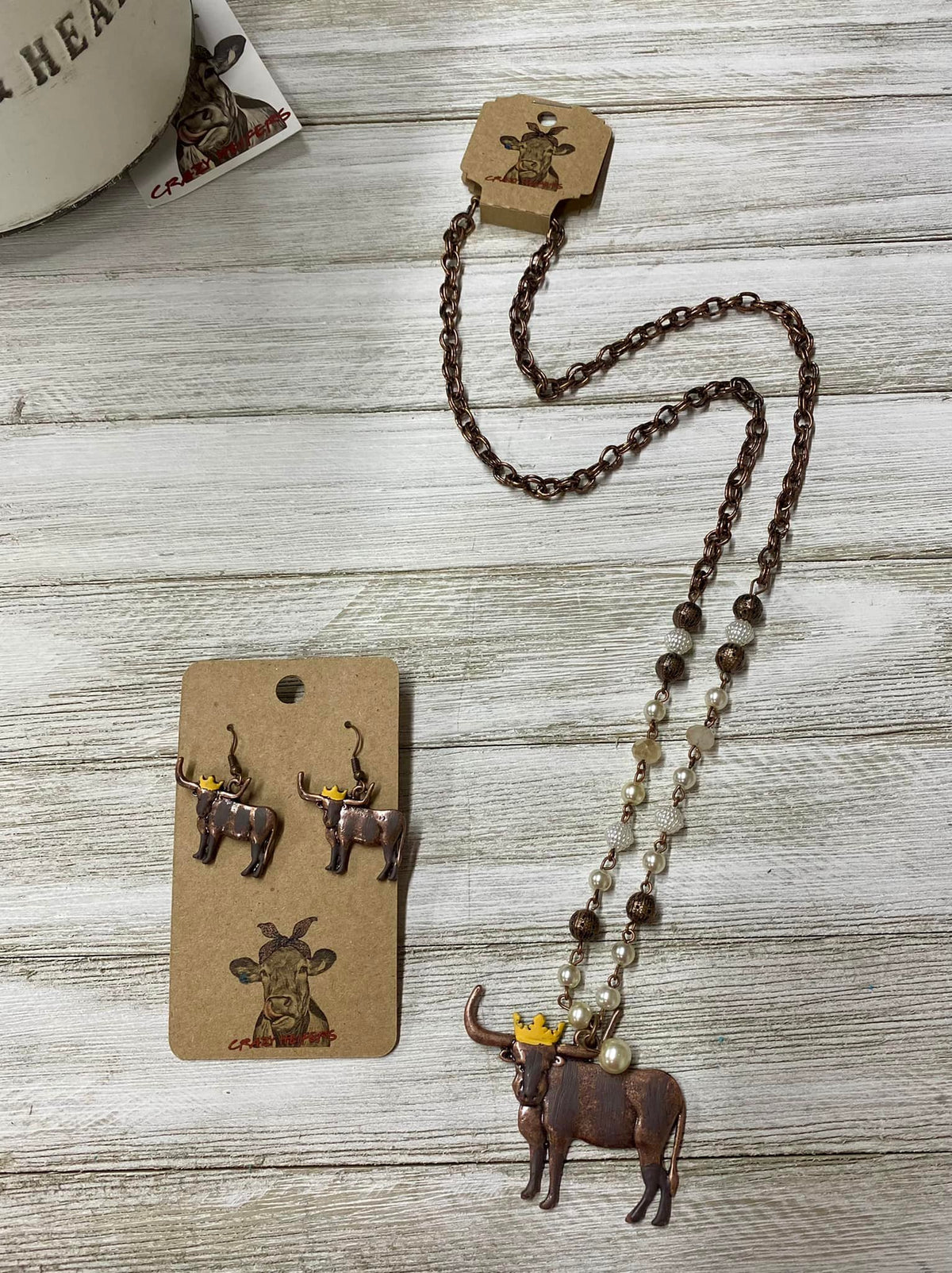 Cow W/ Crown Necklace &amp; Earring Set