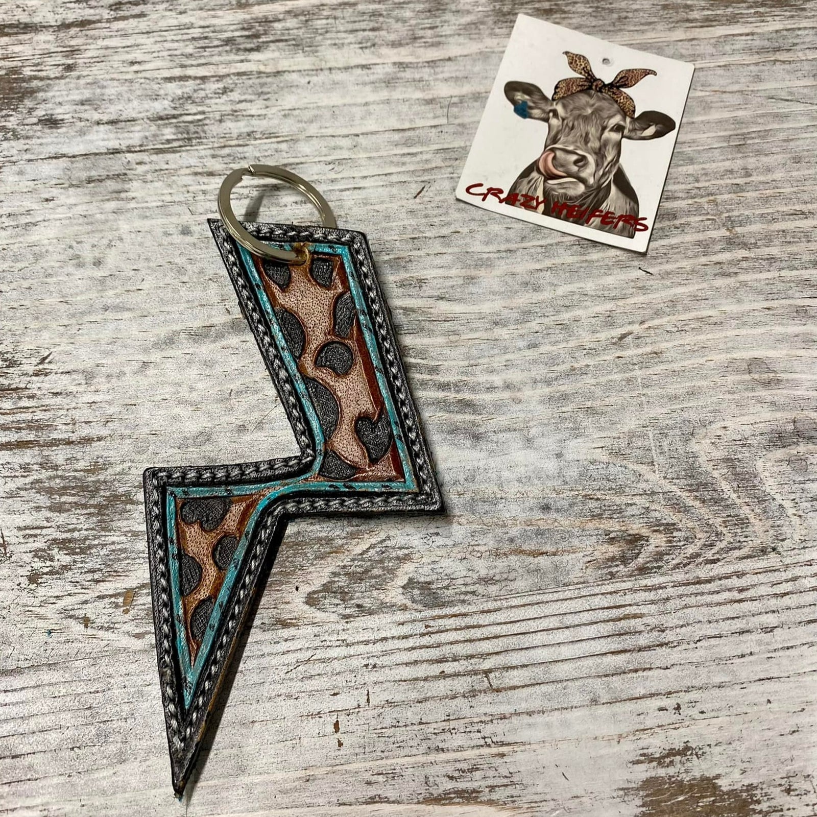 Tooled Leather Keychain-Bolt