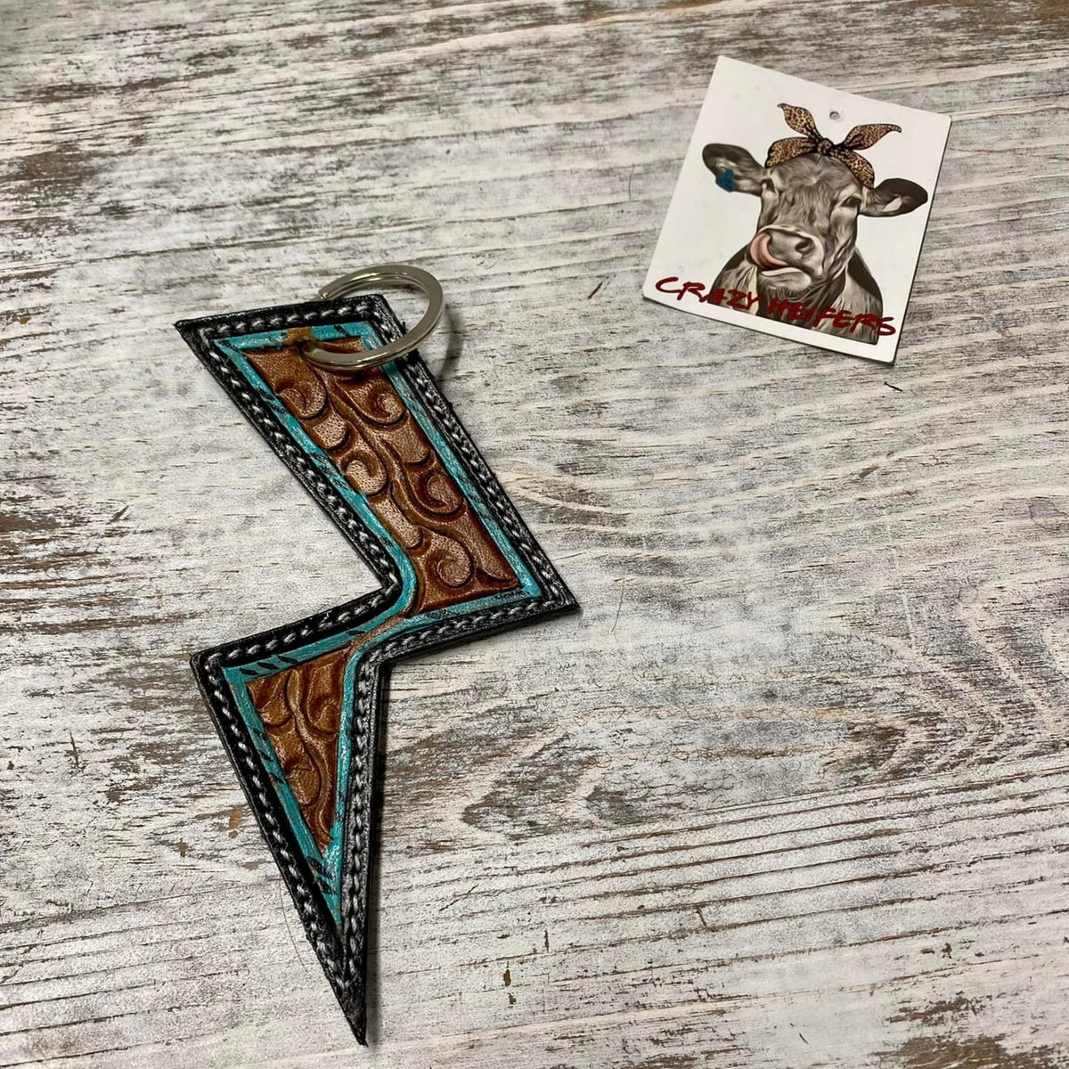 Tooled Leather Keychain-Bolt