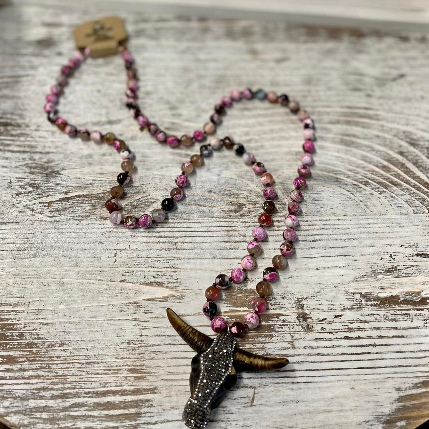 Steer Head Necklace-Pink Mala Bead