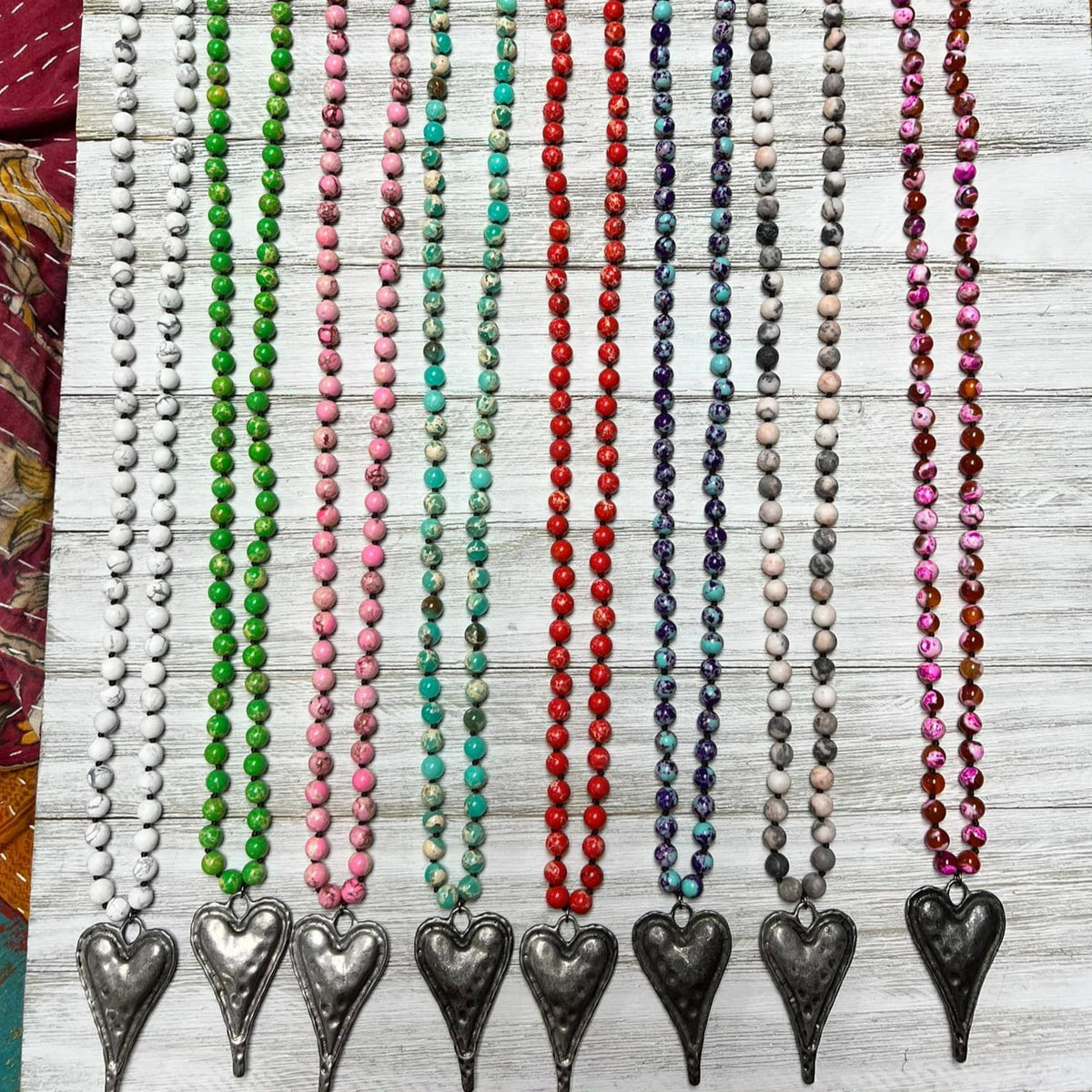 Heart Pendant Natural Stone Beaded Necklace-NEW COLORS