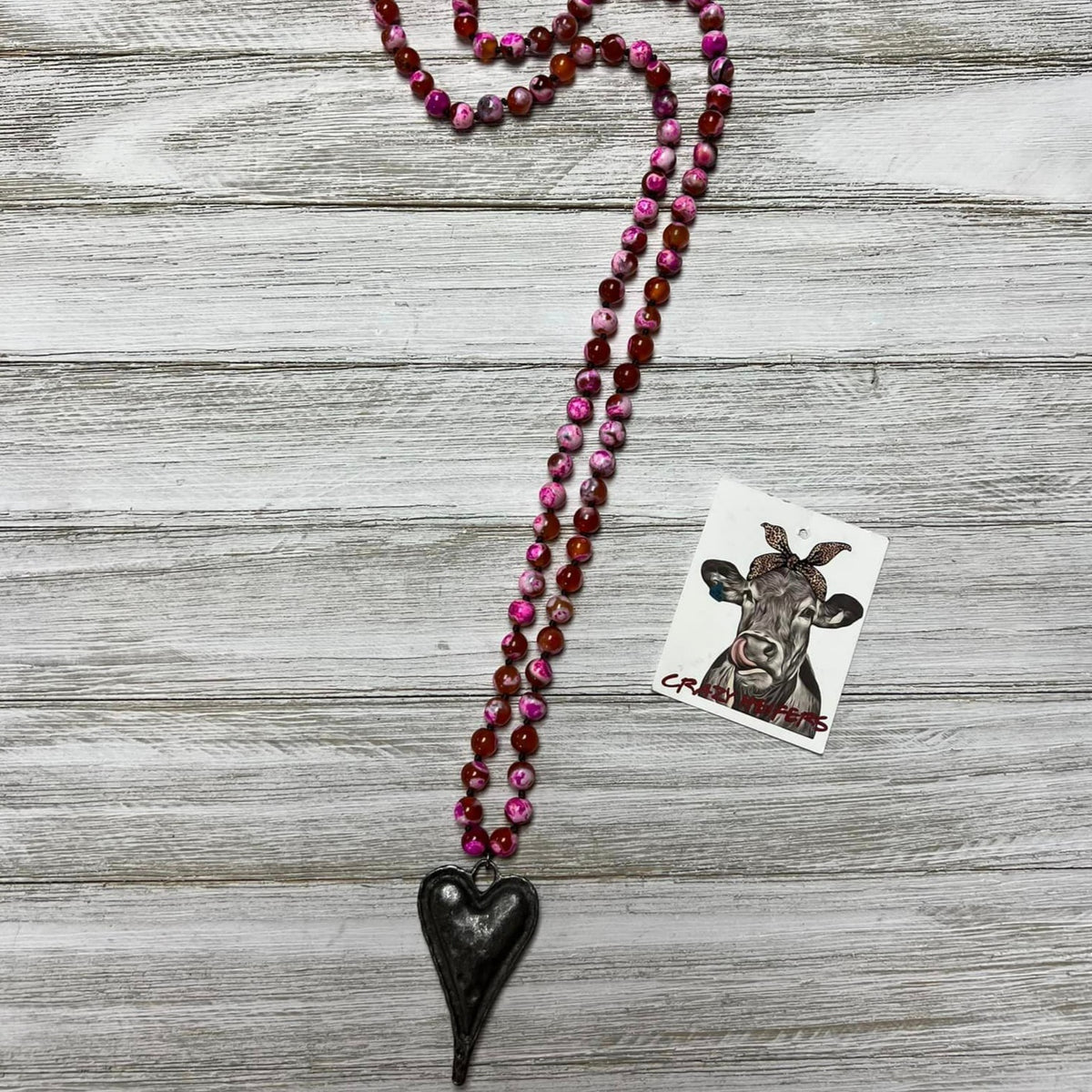 Heart Pendant Natural Stone Beaded Necklace-NEW COLORS