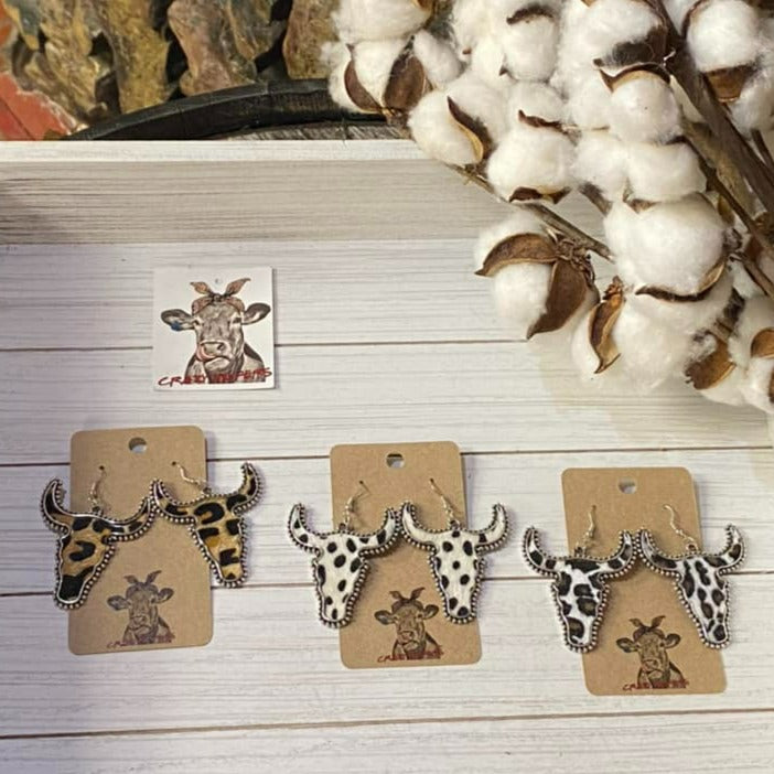 Metal Steer Head Dangle Earrings
