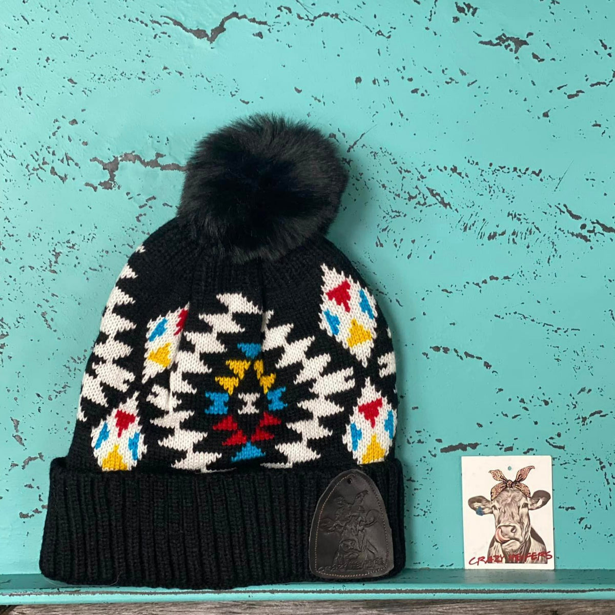 Aztec Pom Beanies W/ Leather Patch