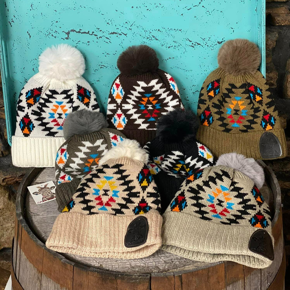 Aztec Pom Beanies W/ Leather Patch