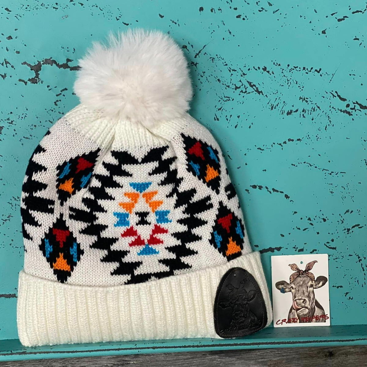 Aztec Pom Beanies W/ Leather Patch