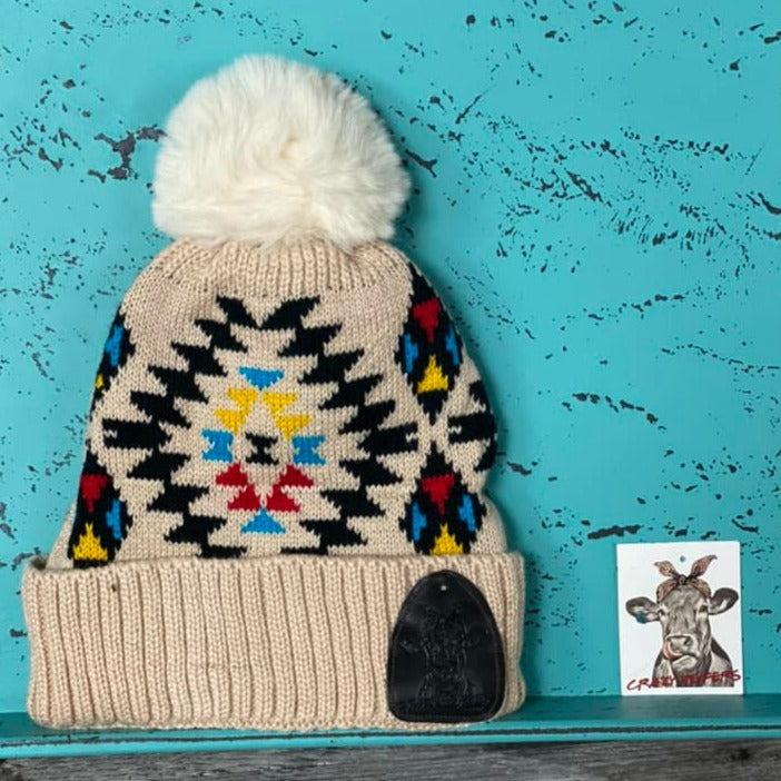 Aztec Pom Beanies W/ Leather Patch