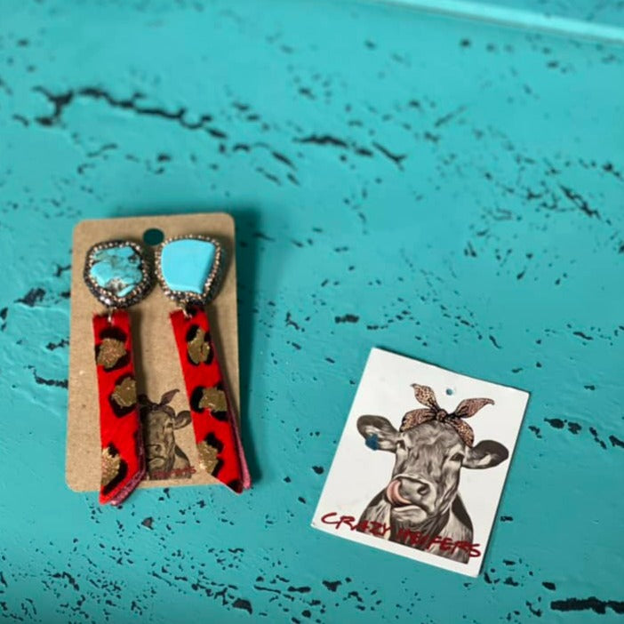 Cowhide and Stone Earrings