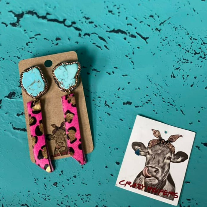 Cowhide and Stone Earrings