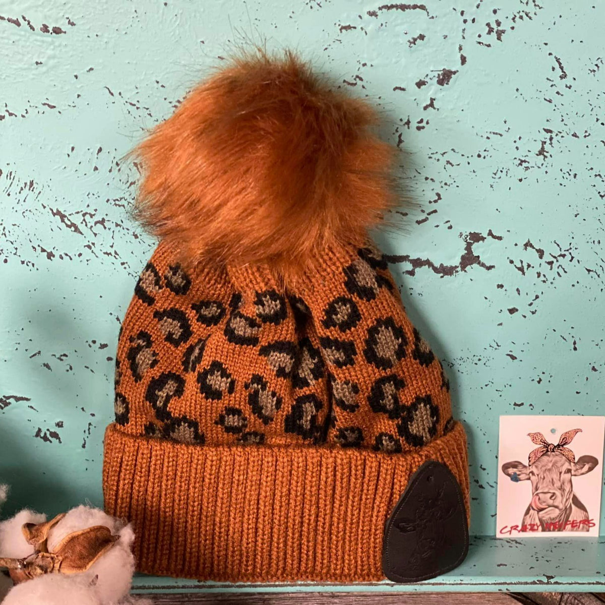 Leopard Pom Beanies W/ Leather Patch