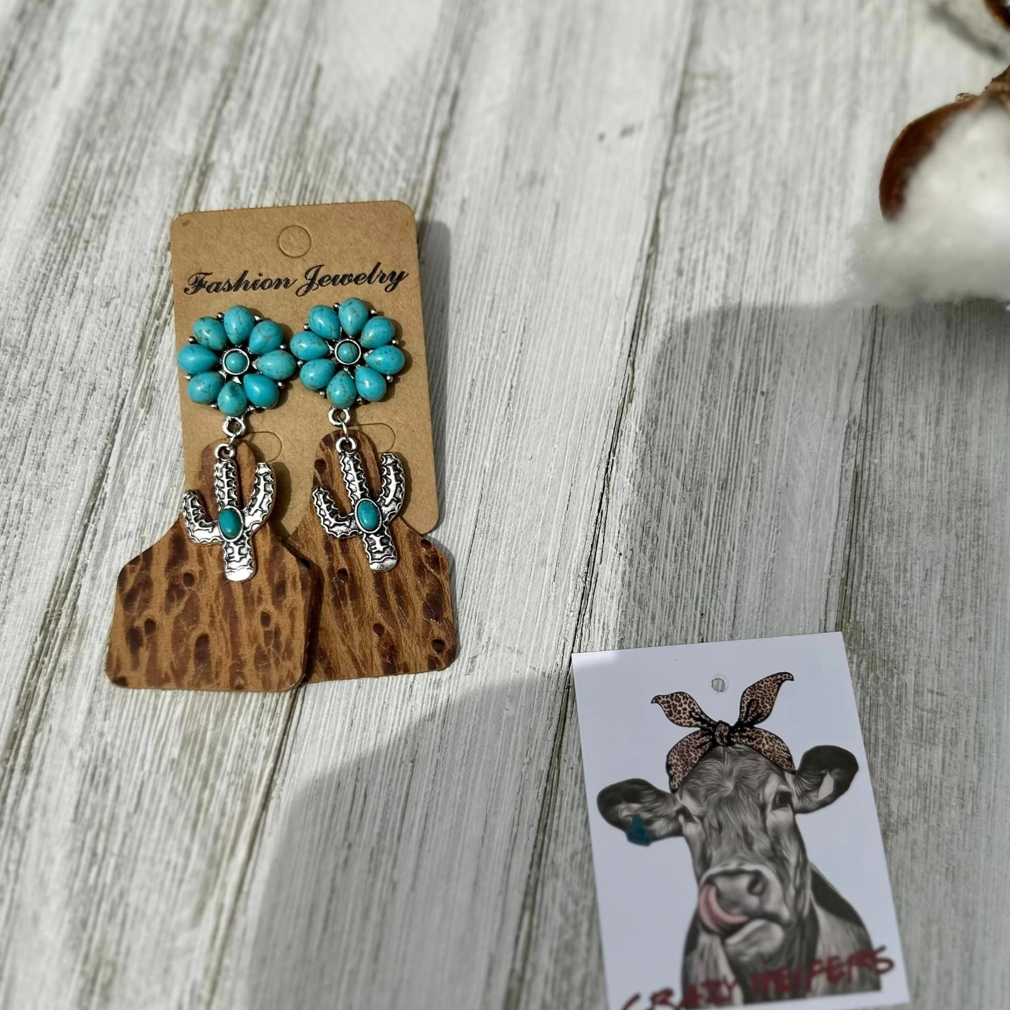 Cow Tag Earrings W/ Cactus Charms