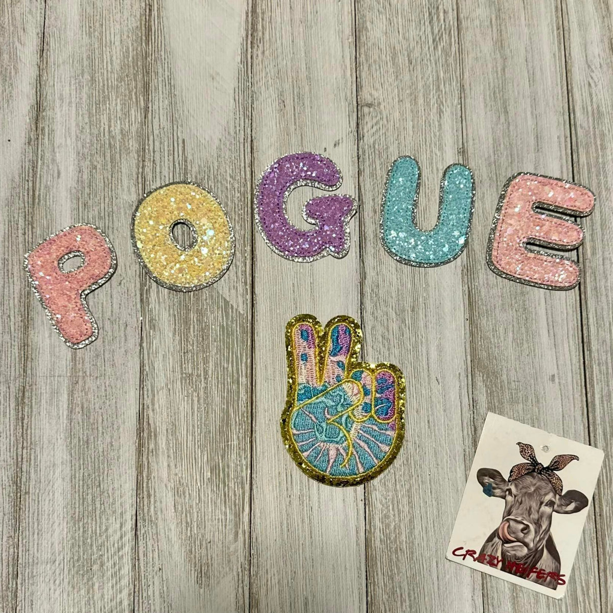 Glitter Bubble "POGUE" Letters W/ Peace Patch-Stick On