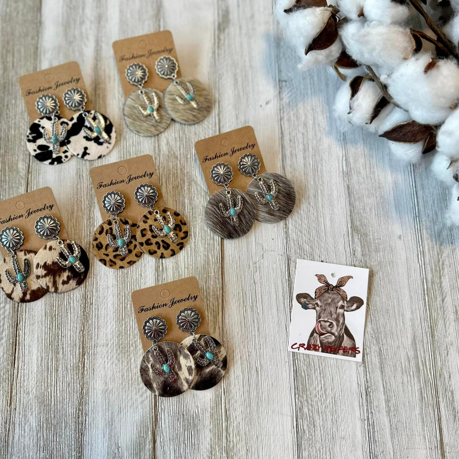 Circle Cowhide Earrings W/ Cactus Charms