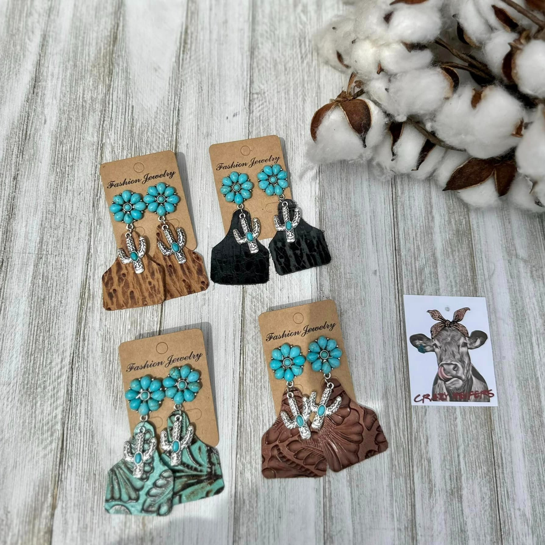 Cow Tag Earrings W/ Cactus Charms