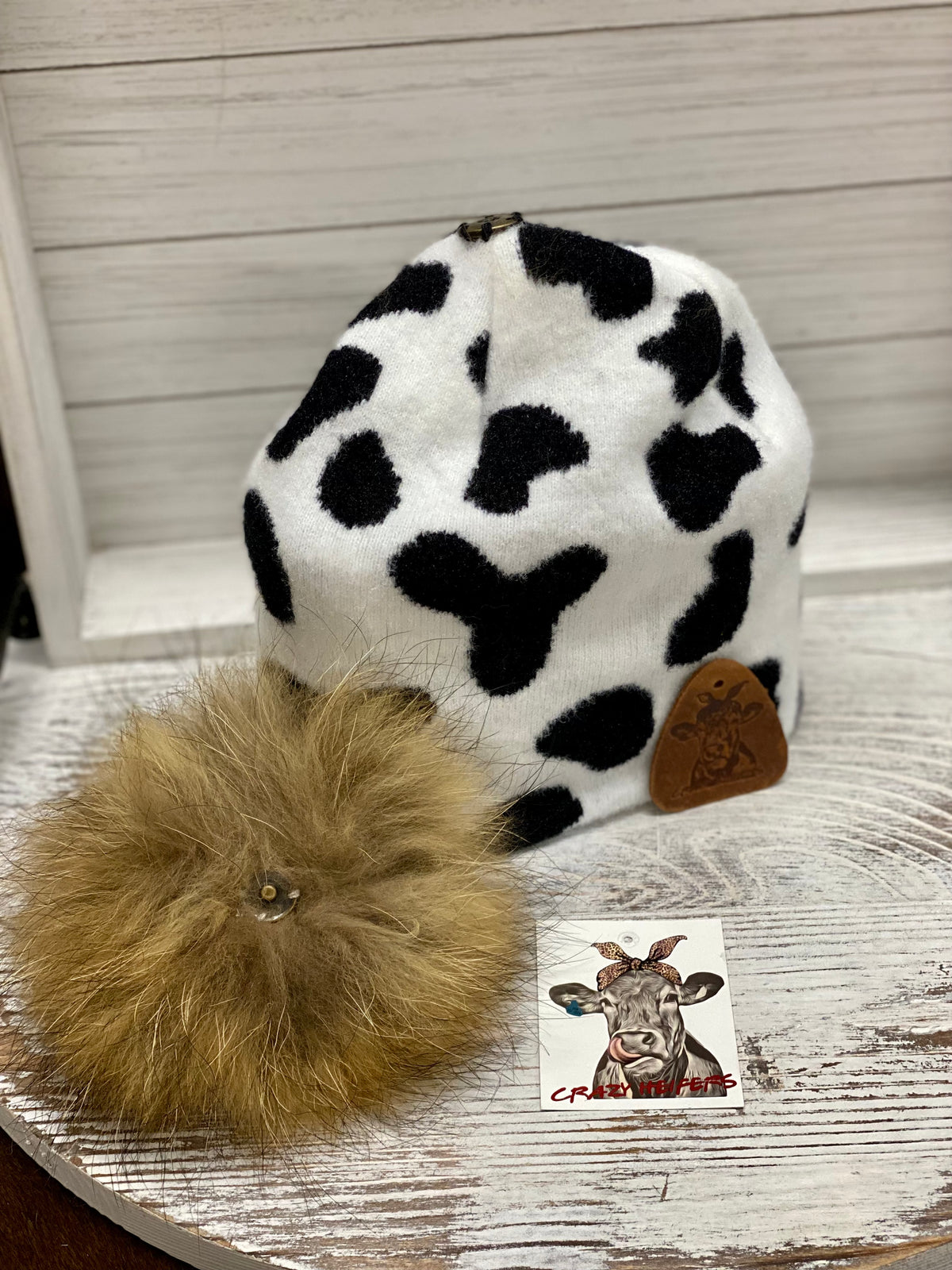 Cow Fur Pom Beanies W/ Leather Patch
