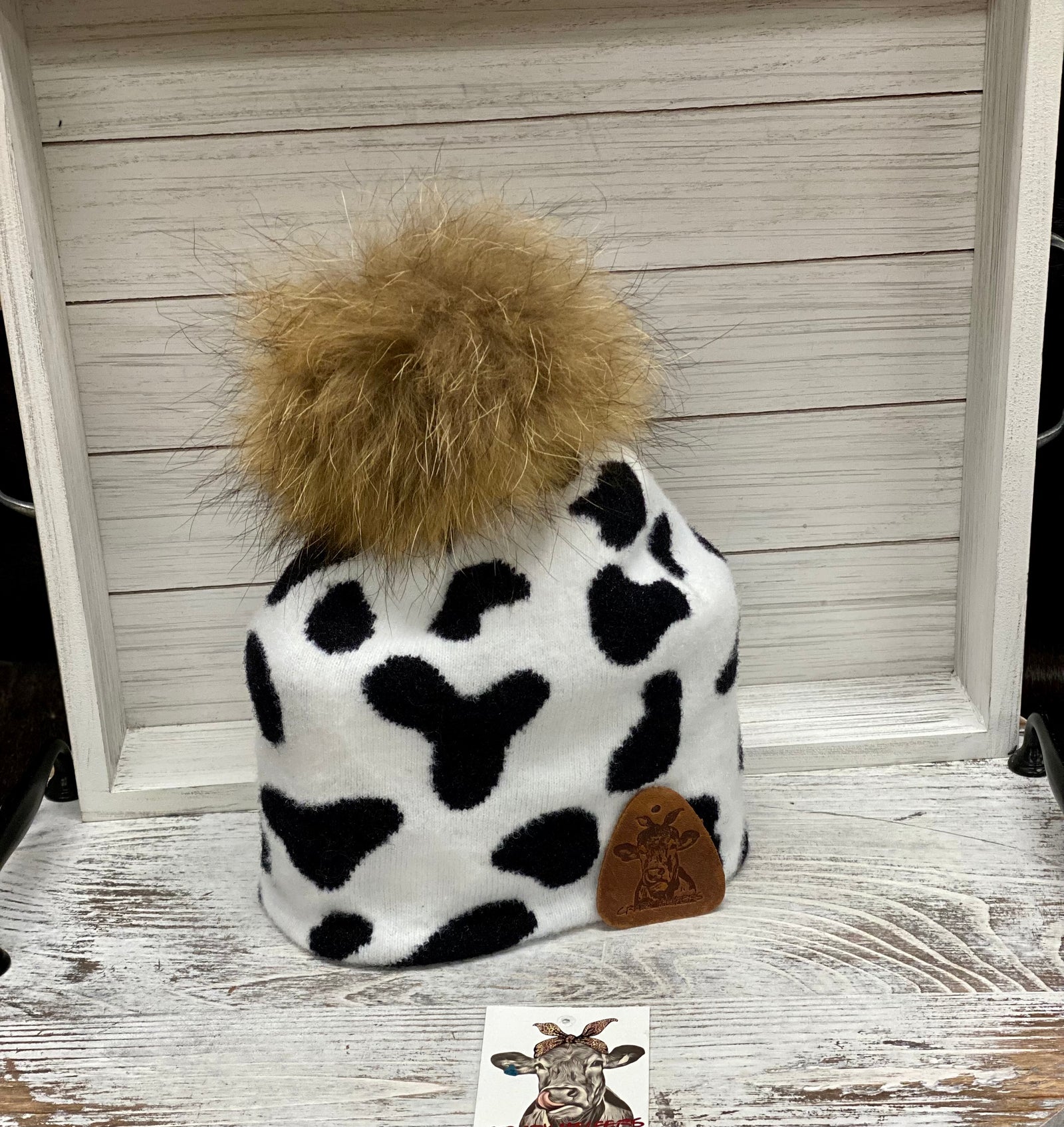 Cow Fur Pom Beanies W/ Leather Patch