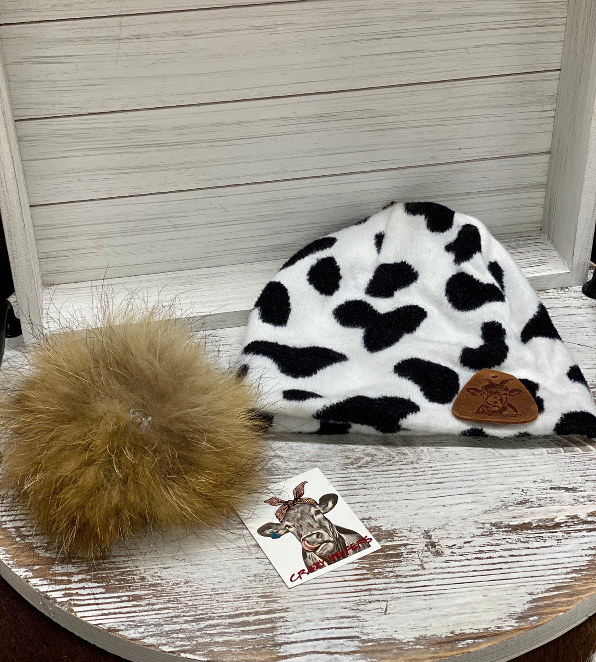 Cow Fur Pom Beanies W/ Leather Patch